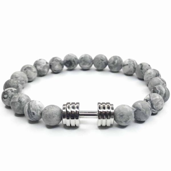 Szary bransoletka z marmurowymi kulkami i metalowym hantlem.