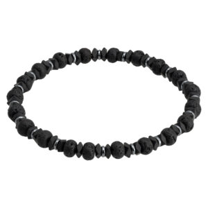 Czarna bransoletka z koralików o teksturze lawowej i geometrycznych elementach.