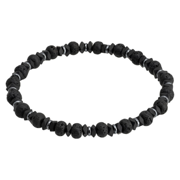 Czarna bransoletka z koralików o teksturze lawowej i geometrycznych elementach.