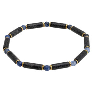 Elegancka bransoletka z czarnymi cylindrycznymi koralikami i niebieskimi akcentami.