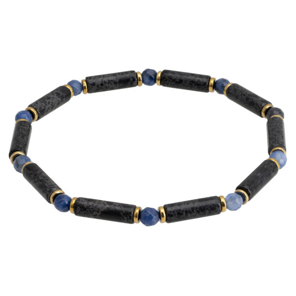 Elegancka bransoletka z czarnymi cylindrycznymi koralikami i niebieskimi akcentami.