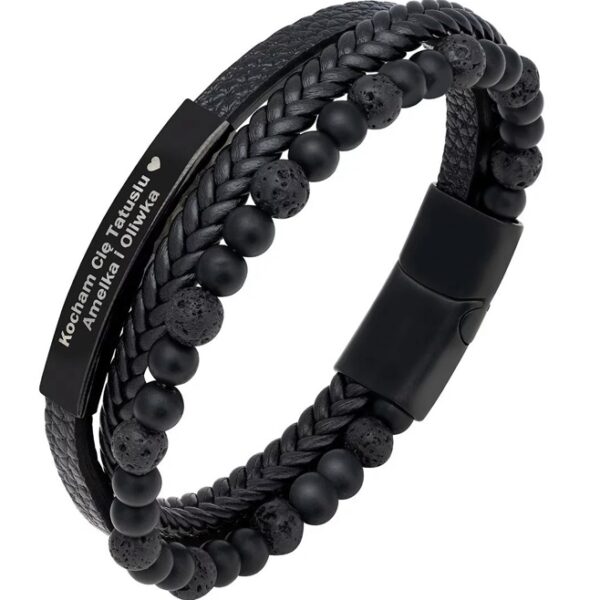 Męska bransoletka skórzana z koralikami i napisem 'Kocham Cię Tatusiu, Amelka i Oliwka'.