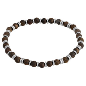 Bransoletka z drewnianymi koralikami i metalowymi przekładkami.