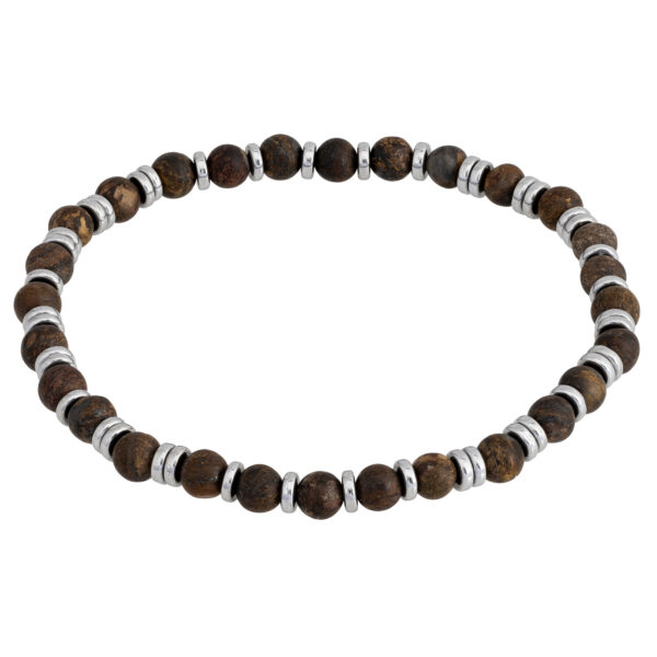 Bransoletka z drewnianymi koralikami i metalowymi przekładkami.