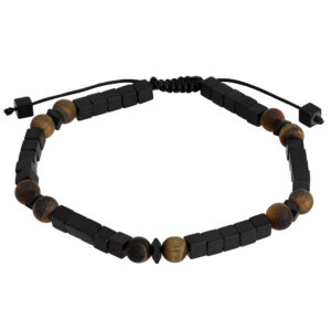 Bransoletka z czarnymi i brązowymi koralikami oraz regulowanym zapięciem.