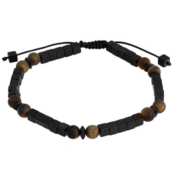 Bransoletka z czarnymi i brązowymi koralikami oraz regulowanym zapięciem.