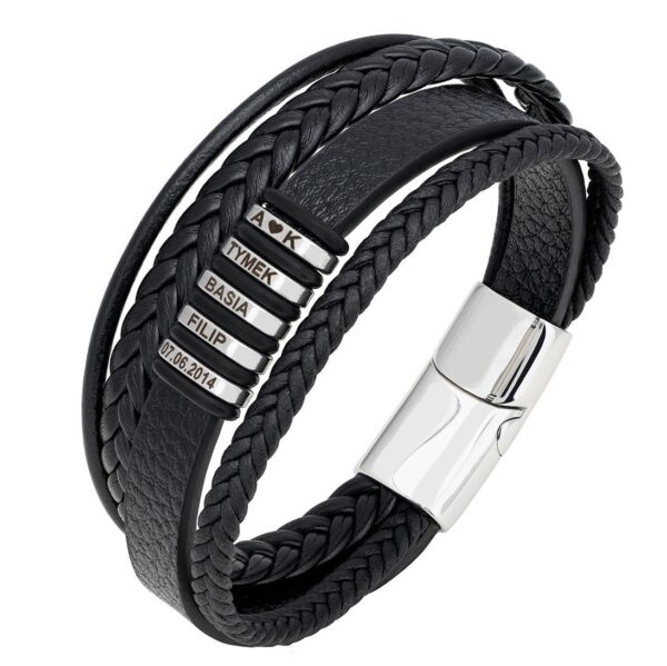 Czarna skórzana bransoletka z plecionką, metalowymi tulejkami z grawerunkiem imion i daty.