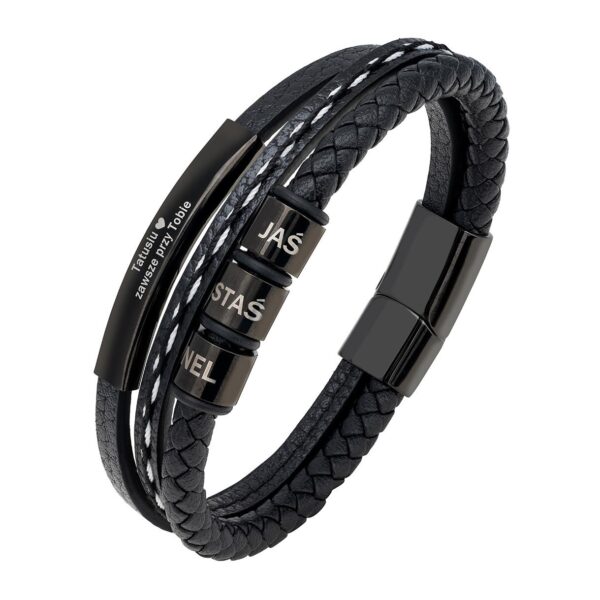 Czarna skórzana bransoletka z imionami JAS, STAŚ, NEL oraz napisem 'Tatusiu zawsze przy Tobie' na metalowych elementach.
