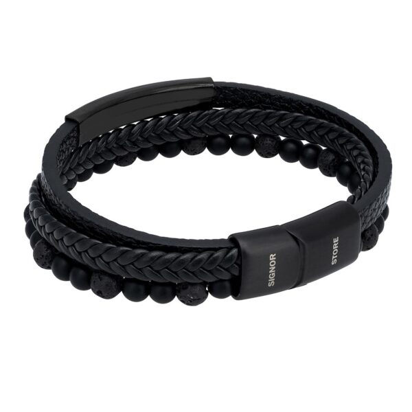 Elegancka czarna bransoletka z plecionego materiału i koralików.