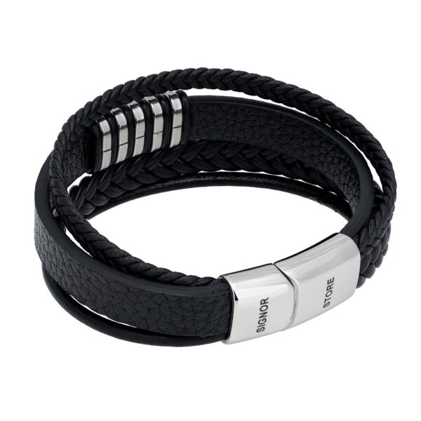 Stylowa czarna bransoletka z plecionymi paskami i metalowym zapięciem.