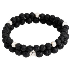 Bransoletka z czarnych kulek lawowych i srebrnych elementów.