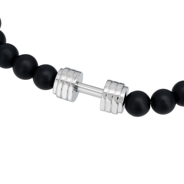 Naszyjnik z czarnymi koralikami i srebrną hantlą.