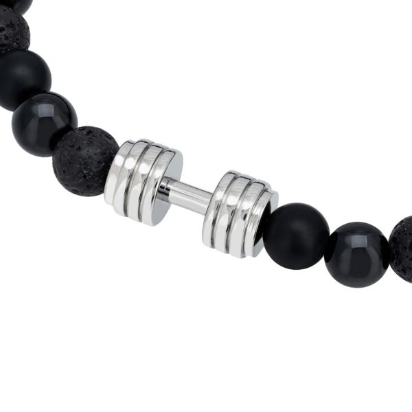 Bransoletka z czarnymi koralikami i zapięciem w kształcie hantla.