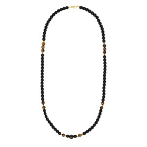 Naszyjnik z czarnych koralików z brązowymi akcentami.