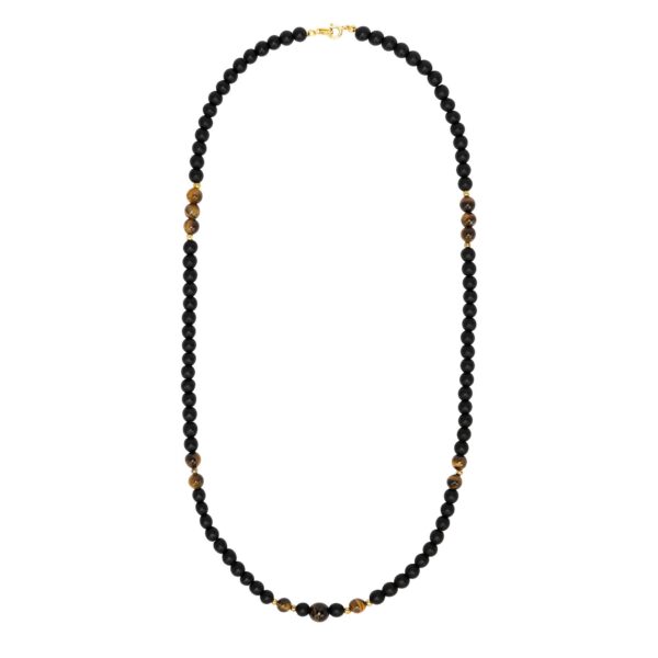 Naszyjnik z czarnych koralików z brązowymi akcentami.