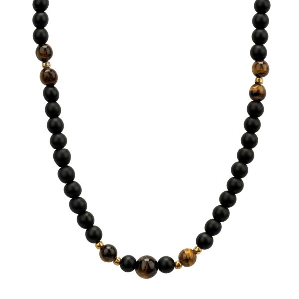 Naszyjnik z czarnymi i brązowymi koralikami na białym tle.