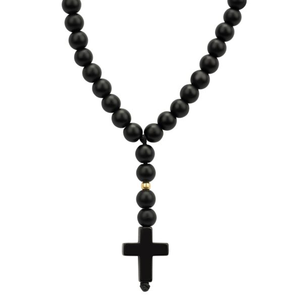 Czarny różaniec z krzyżykiem i złotą kuleczką.