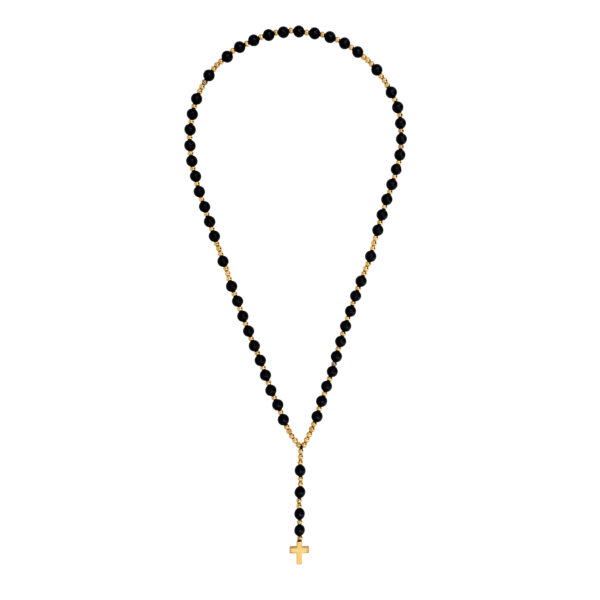 Czarny różaniec z krzyżem na neutralnym tle.