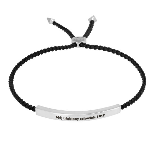 Czarna bransoletka z metalową tabliczką z napisem 'Mój ulubiony człowiek. I ♥️'
