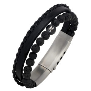 Czarna męska bransoletka z koralikami i skórzanym splotem.