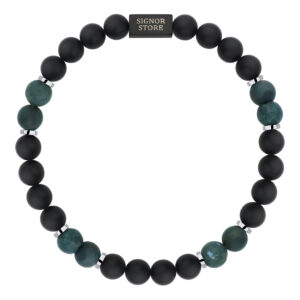 Bransoletka z czarnych i zielonych koralików z logo SIGNOR STORE.