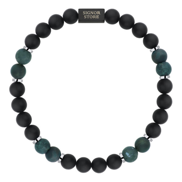 Bransoletka z czarnych i zielonych koralików z logo SIGNOR STORE.