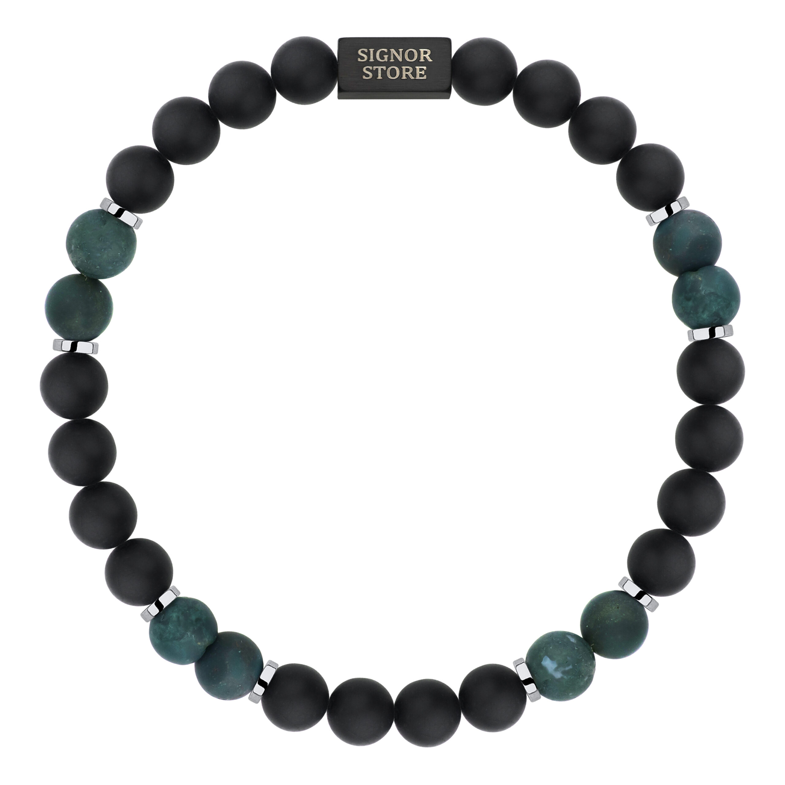 Bransoletka z czarnych i zielonych koralików z logo SIGNOR STORE.