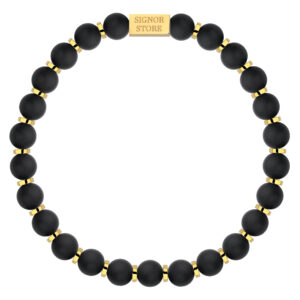 Czarna bransoletka z kulkami i złotymi przekładkami.
