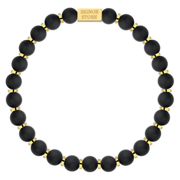Czarna bransoletka z kulkami i złotymi przekładkami.