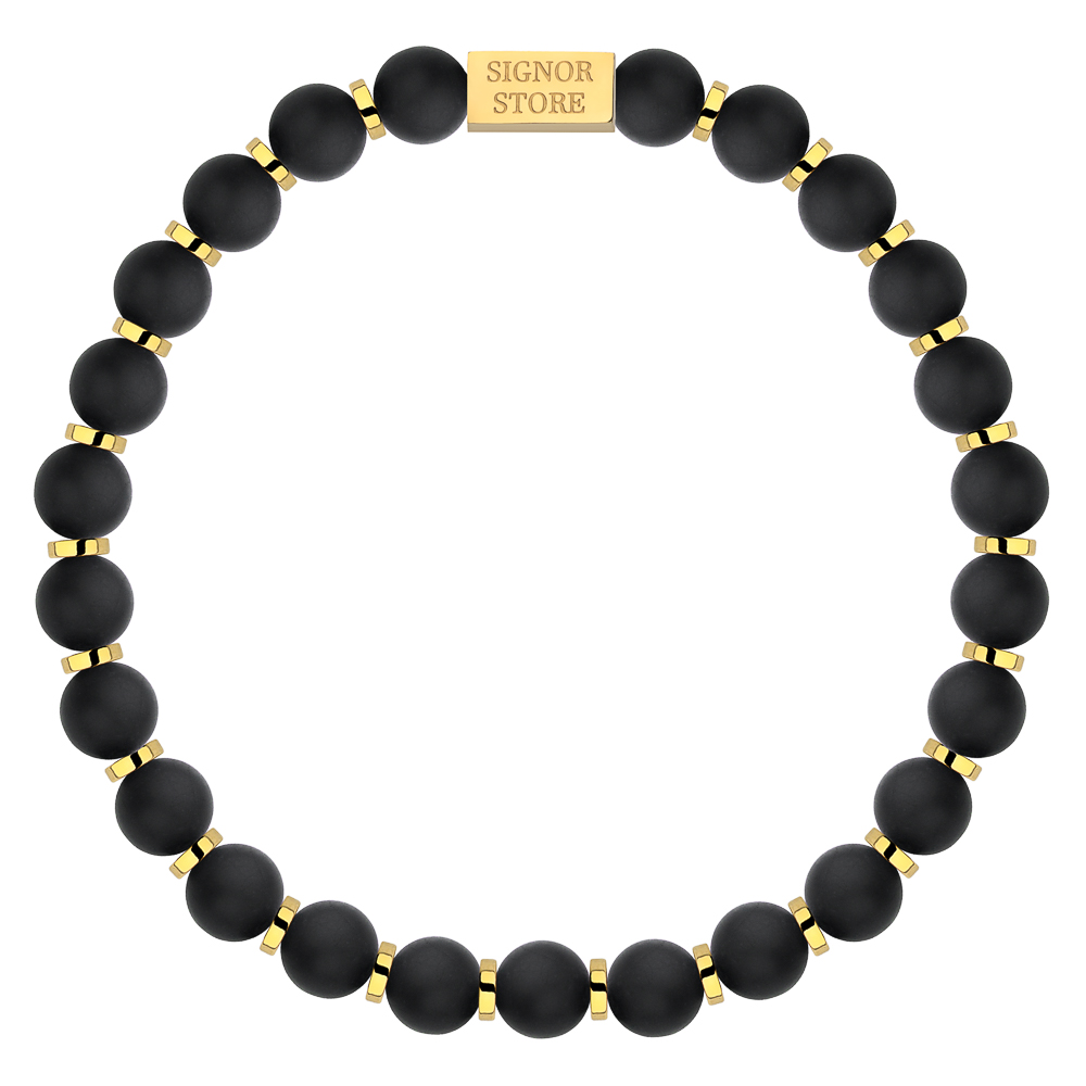 Czarna bransoletka z kulkami i złotymi przekładkami.