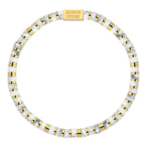 Bransoletka z marmurowymi i złotymi koralikami, z zapięciem z napisem SIGNOR STORE.