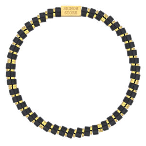 Bransoletka z czarnych i złotych koralików z napisem Signor Store.