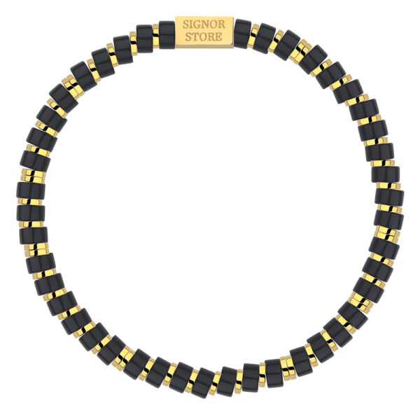 Bransoletka z czarnych i złotych koralików z napisem Signor Store.