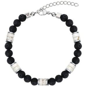 Bransoletka z czarnych koralików i białych cylindrycznych elementów.