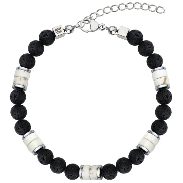 Bransoletka z czarnych koralików i białych cylindrycznych elementów.