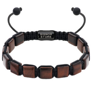 Bransoletka ze sznurka z brązowymi, kwadratowymi koralikami i napisem Signor Store.