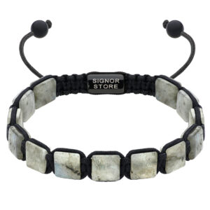 Czarna bransoletka z kamieniami w odcieniach szarości i napisem Signor Store.