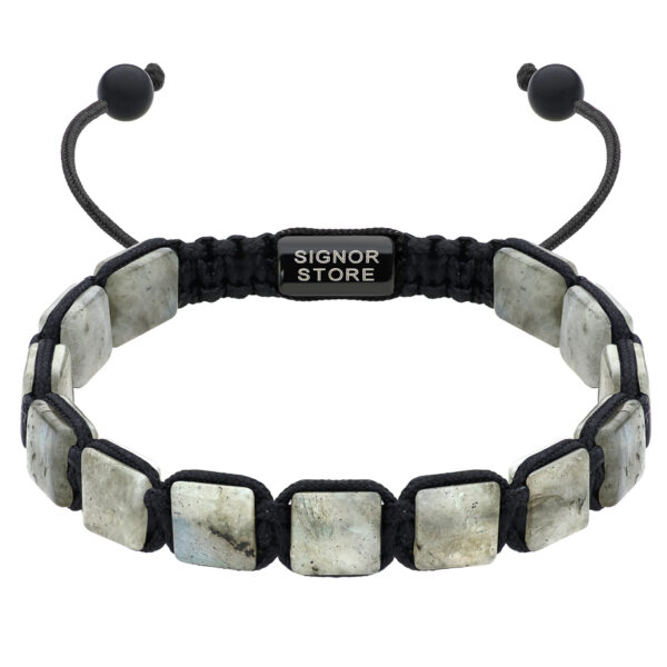 Czarna bransoletka z kamieniami w odcieniach szarości i napisem Signor Store.