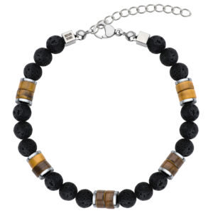 Bransoletka z czarnymi koralami, srebrnymi segmentami i złotobrązowymi kamieniami
