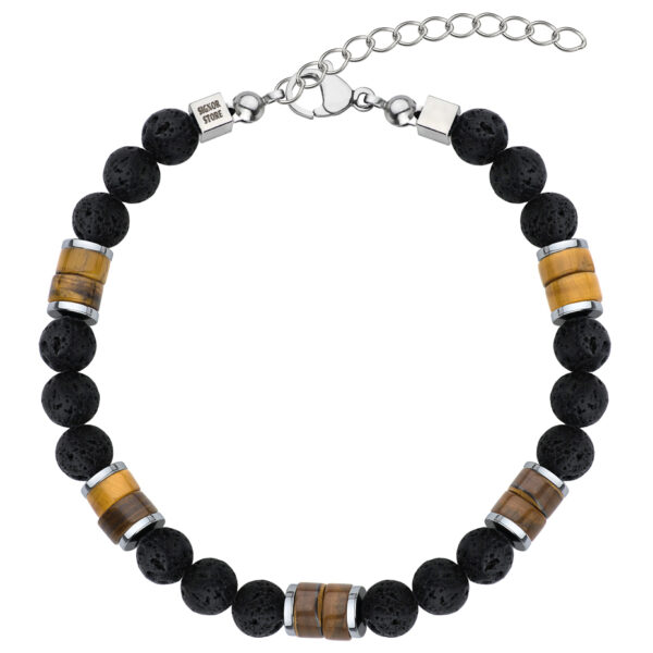 Bransoletka z czarnymi koralami, srebrnymi segmentami i złotobrązowymi kamieniami