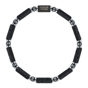 Elegancka bransoletka z czarnymi koralikami z lawy i srebrnymi elementami.