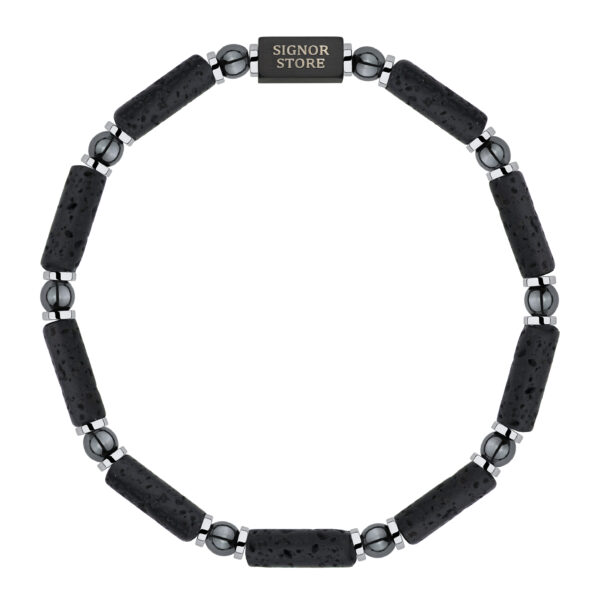 Elegancka bransoletka z czarnymi koralikami z lawy i srebrnymi elementami.