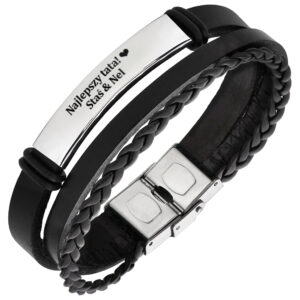 Czarna, pleciona bransoletka z grawerem 'Najlepszy tata! Staś & Nel'.