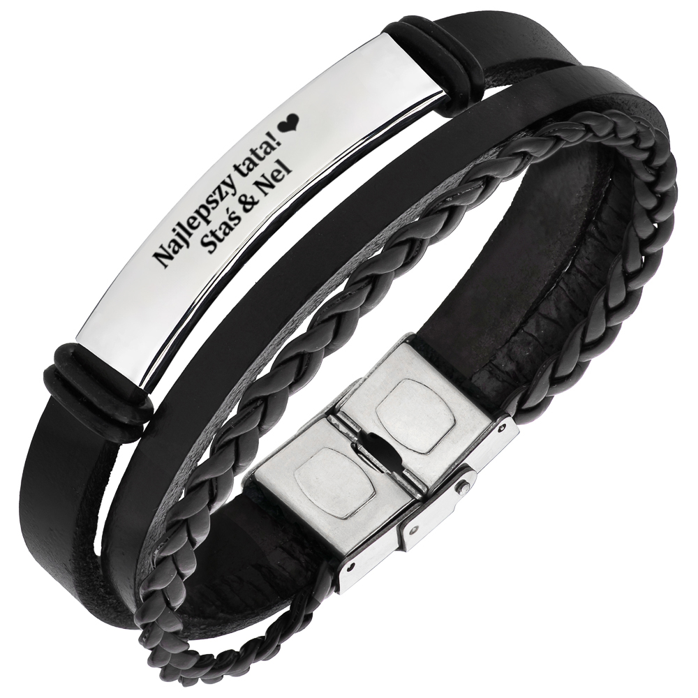 Czarna, pleciona bransoletka z grawerem 'Najlepszy tata! Staś & Nel'.