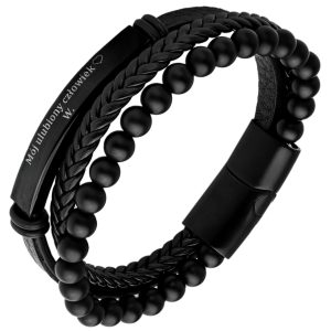 POTRÓJNA MĘSKA BRANSOLETKA Z GRAWEREM (czarna)