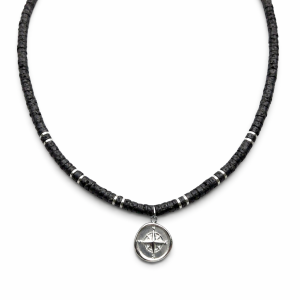 NASZYJNIK Z LAWY WULKANICZNEJ ZE SREBRNYM KOMPASEM